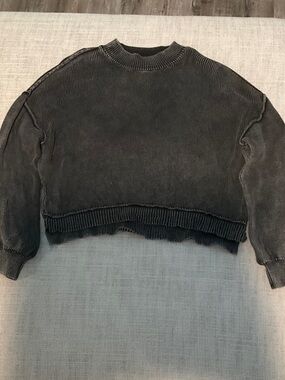 J.O.A. Washed Black Cropped Ribbed Crew Sweater